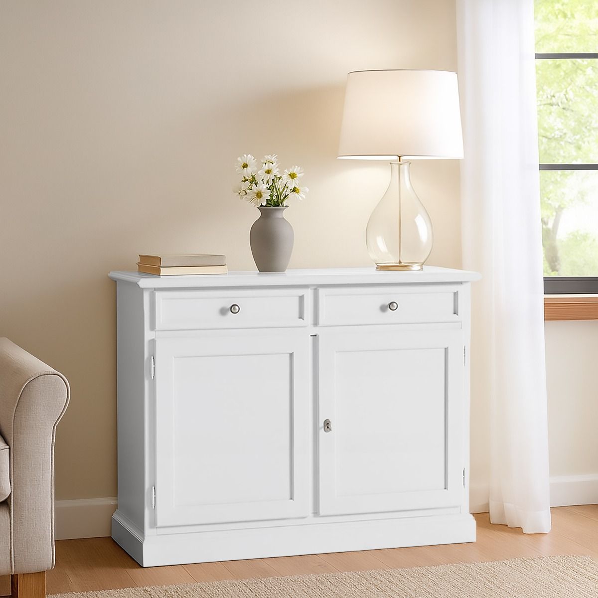 CREDENZA IN LEGNO MASSELLO CM 106X42 H. 86 LACCATO BIANCO PANNA