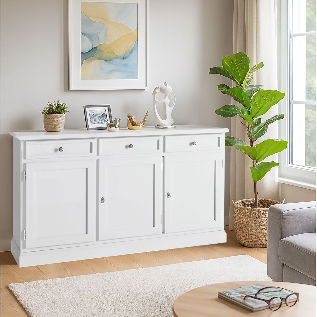 CREDENZA IN LEGNO MASSELLO CM 155X42 H. 86 LACCATO BIANCO PANNA