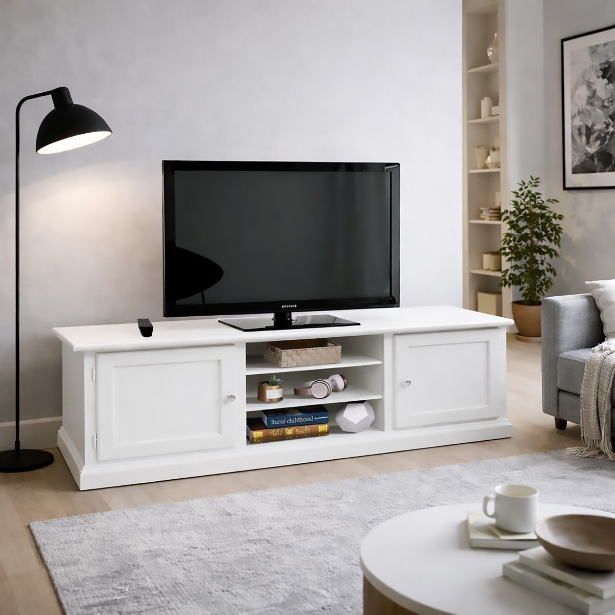 PORTA TV IN LEGNO CM 160X46 H. 55 LACCATO BIANCO PANNA