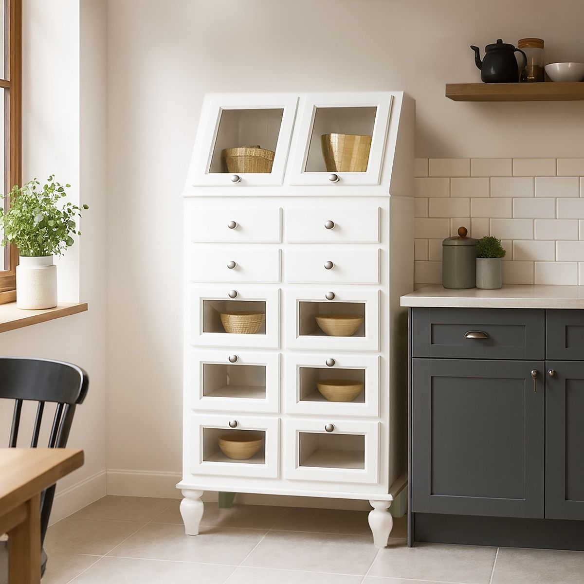 DISPENSA IN LEGNO MASSELLO CM 80X42 H. 153 LACCATO BIANCO PANNA
