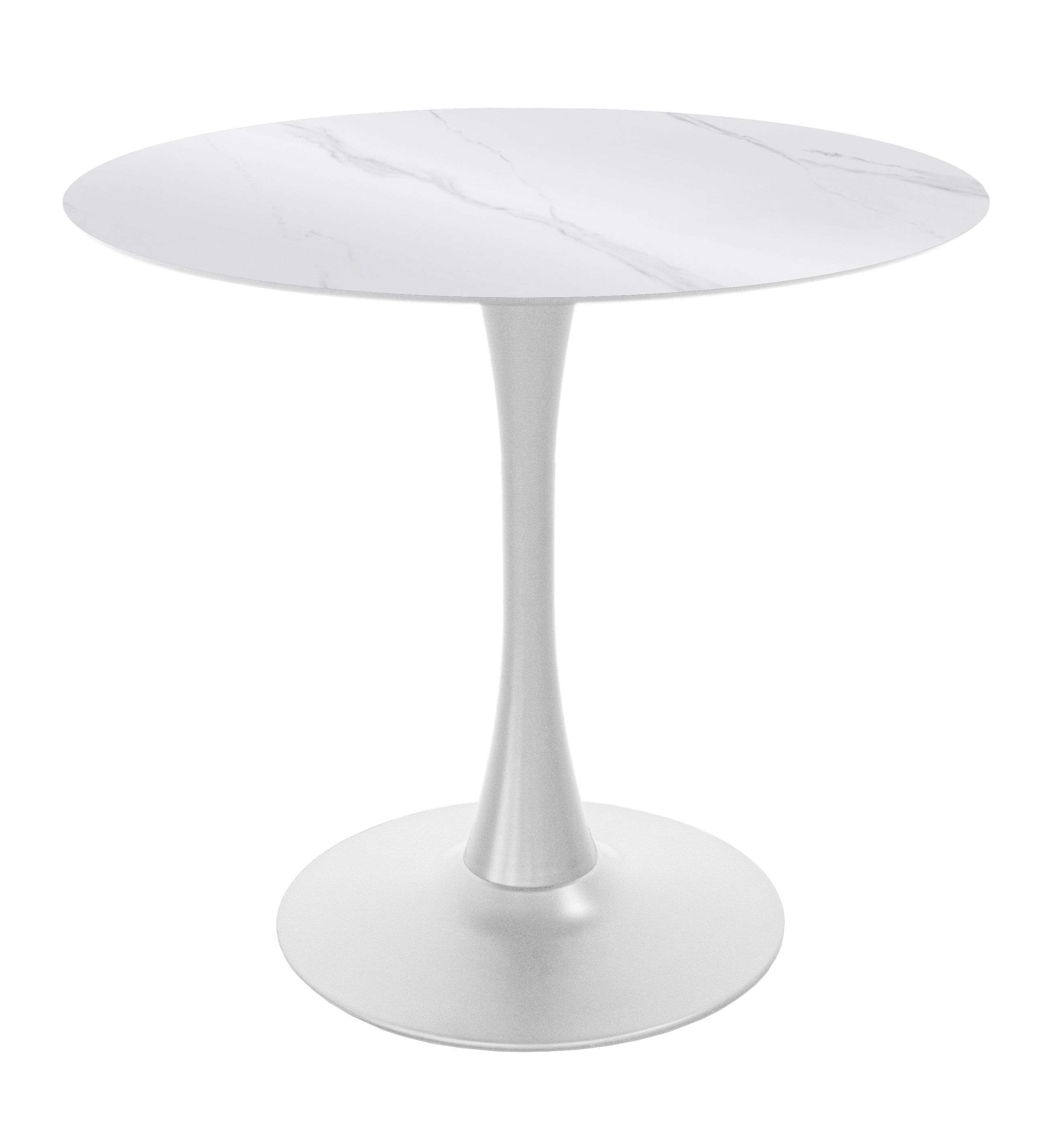 TAVOLO TONDO MOD.PAUL DIAM. 80 METALLO BIANCO E PIANO VETRO CERAMICA EFFETTO MARMO CARRARA