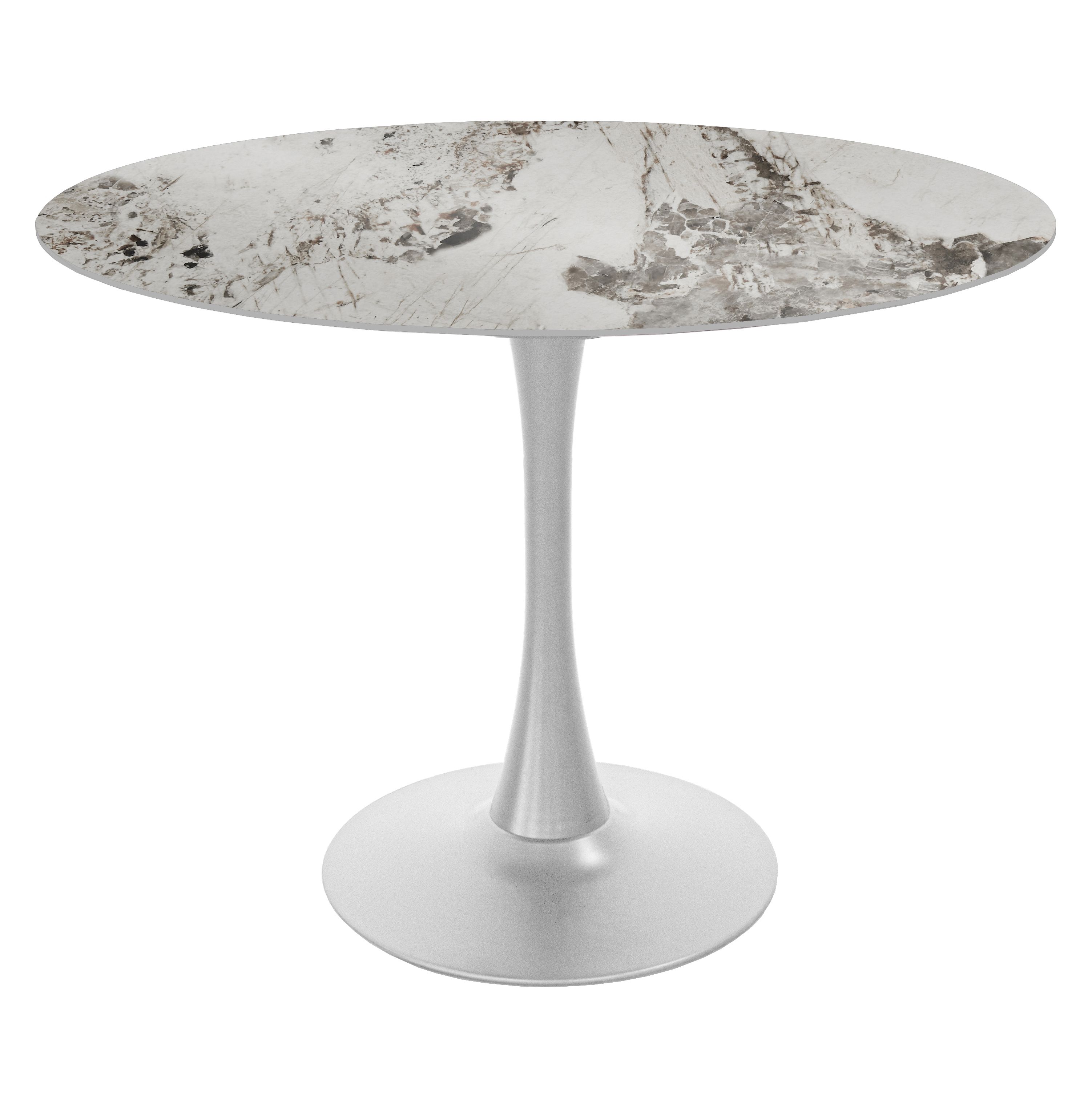 TAVOLO TONDO MOD. PAUL DIAM.100 IN METALLO BIANCO E PIANO VETRO CERAMICA EFFETTO MARMO CALACATTA