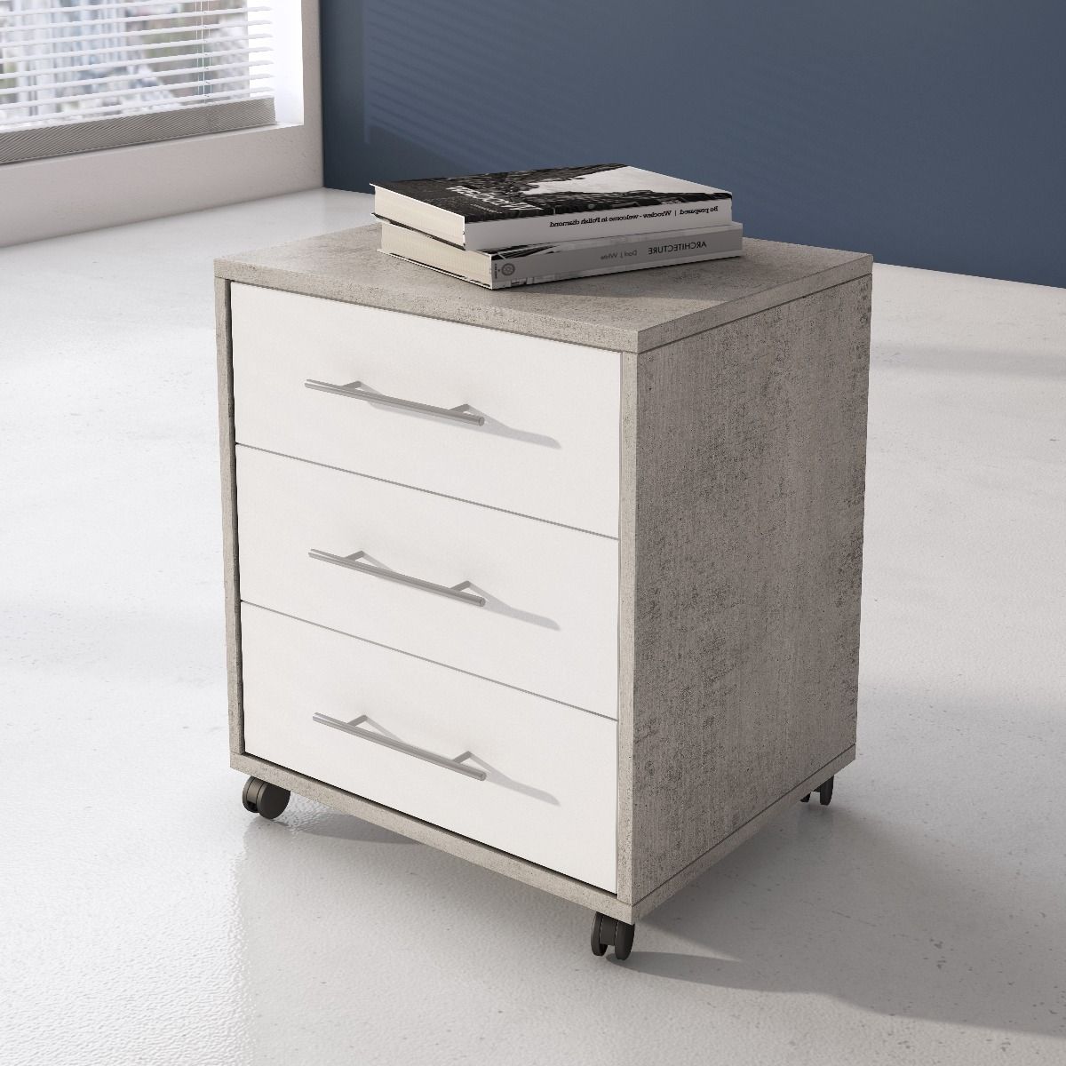 CASSETTIERA MOD. OMEGA II CM 43X40 H. 57 CEMENTO E BIANCO FRASSINATO