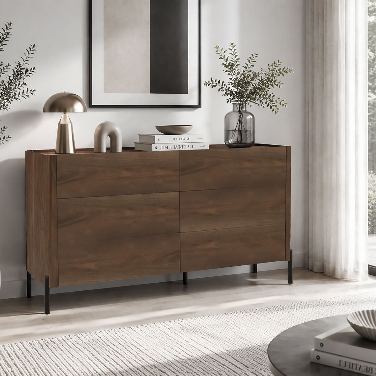 CASSETTIERA CM 140X40 H.75 IN MDF NOCE E METALLO NERO