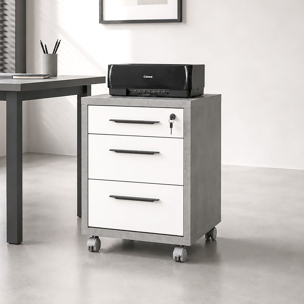 CASSETTIERA MOD. DISEGNO CM 49X45 H. 63 CEMENTO E BIANCO LUCIDO