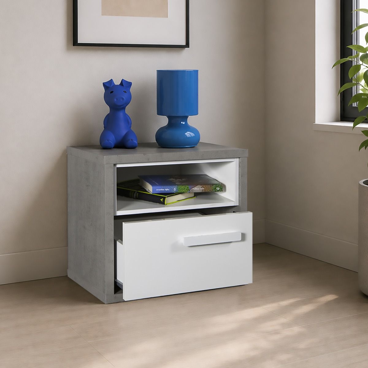 COMODINO MOD. MIPIACE CM 45X40 H. 50 CEMENTO E BIANCO