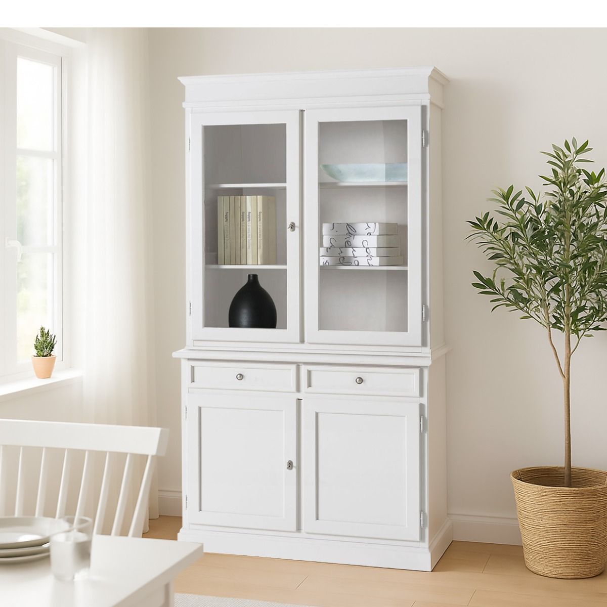 CRISTALLIERA IN LEGNO MASSELLO CM 106X42 H. 203 LACCATO BIANCO PANNA