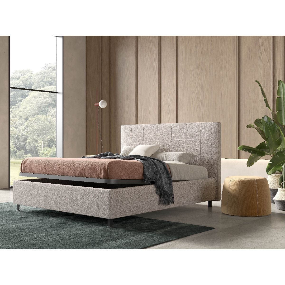 LETTO MATRIMONIALE CON CONTENITORE IN TESSUTO BEIGE