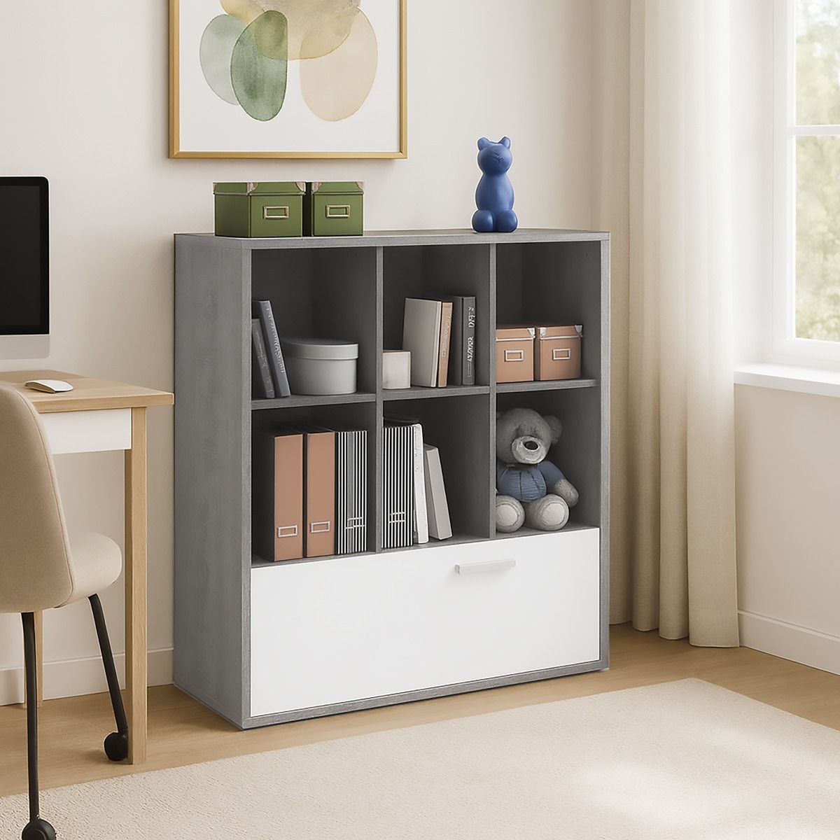 LIBRERIA MOD. MIPIACE CM 120X36 H. 121 CEMENTO E BIANCO LUCIDO