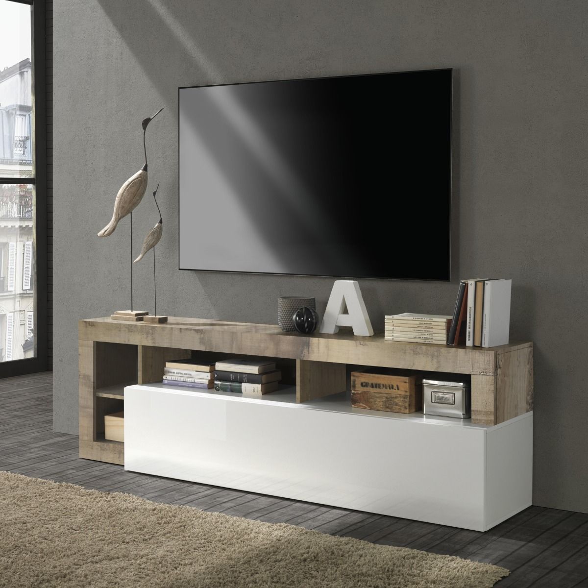 PORTA TV MOD. HAMBURG CM 184X42 H. 58 BIANCO LUCIDO E PERO