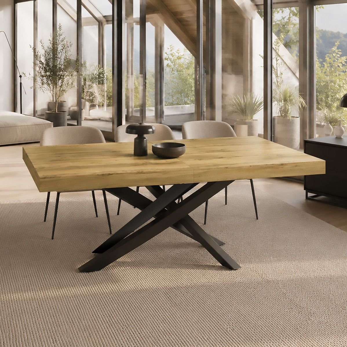 TAVOLO MOD. ERMES ALLUNGABILE CM 160X90 METALLO NERO E ROVERE NODATO