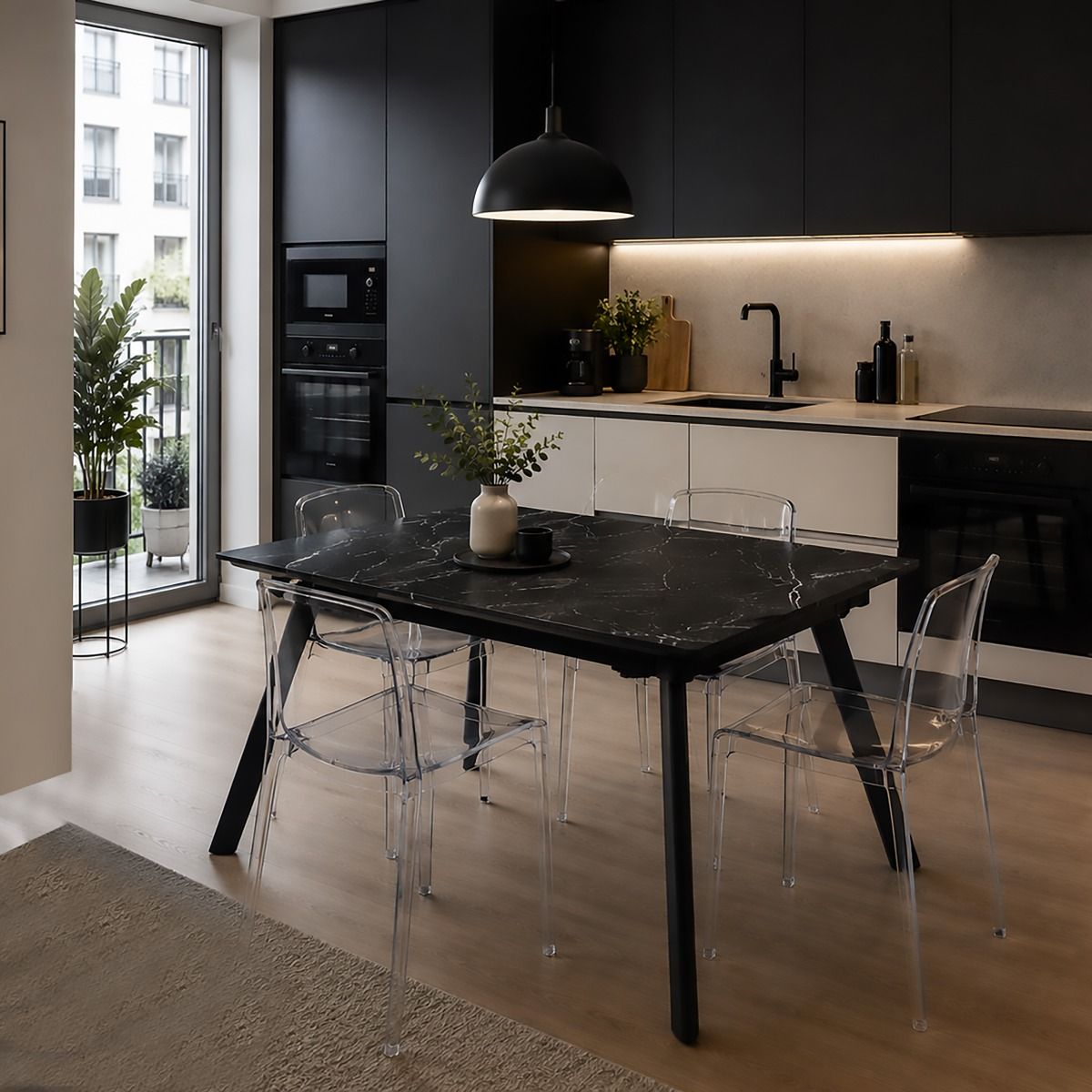 TAVOLO ALLUNGABILE MOD. BRANDO CM 120X85 H.75 METALLO NERO E PIANO CERAMICA EFFETTO NERO CRETA