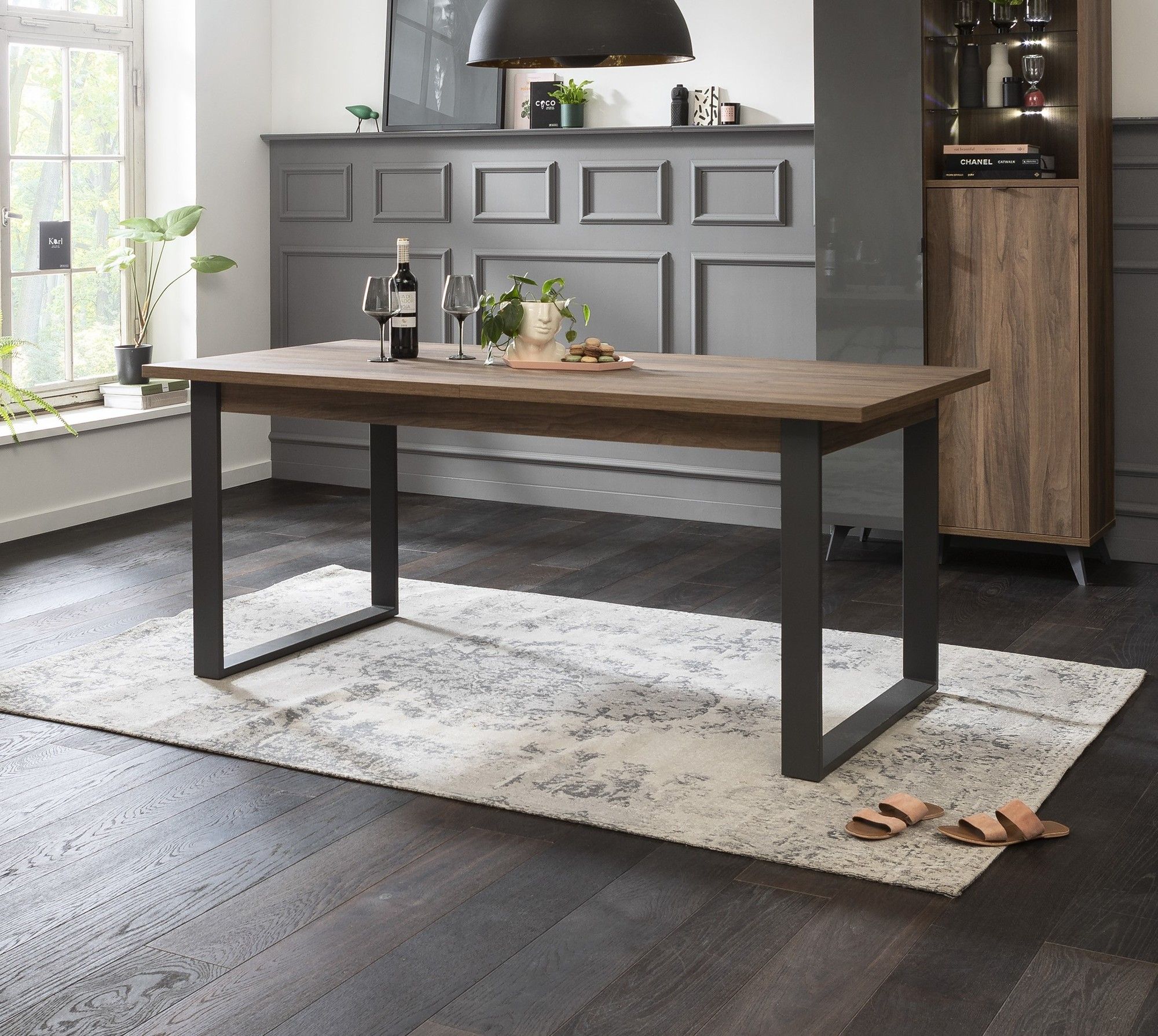 TAVOLO ALLUNGABILE MOD. INFINITO CM 180X91 NOCE BRERA E METALLO ANTRACITE
