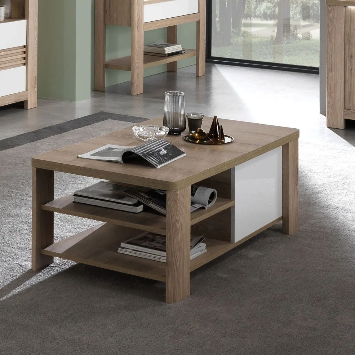 TAVOLINO MOD. PALAZZO CM 120X68 H. 46 ROVERE WELLINGTON E BIANCO LUCIDO