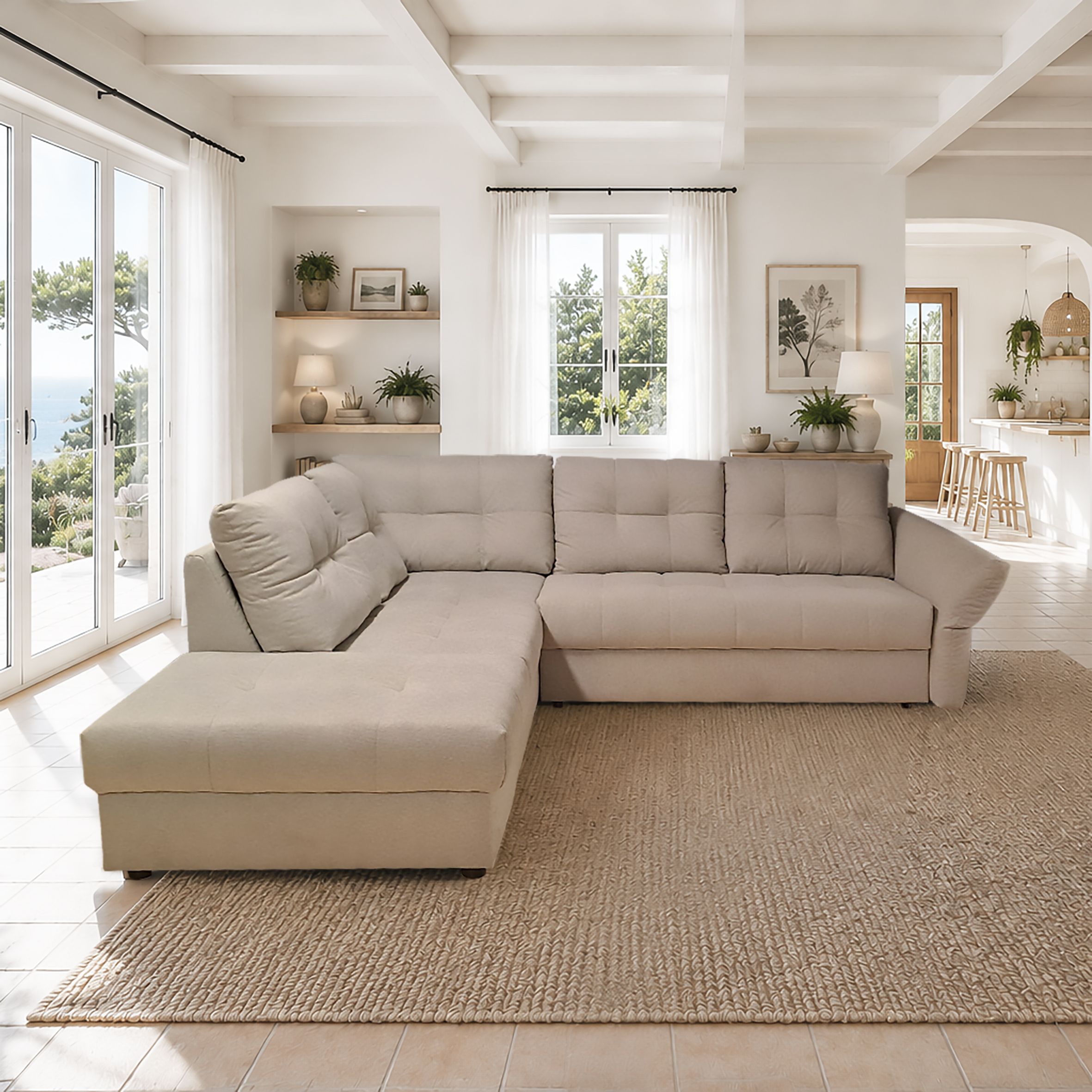 SALOTTO MOD. VELO ANGOLARE SX CON CARRELLO ESTRAIBILE IN TESSUTO BEIGE