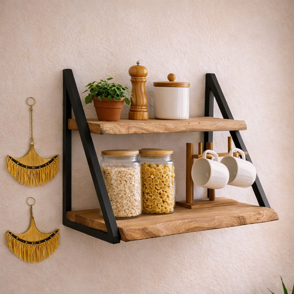MENSOLA DA MURO 2 RIPIANI CM 60X33 H.45 IN METALLO E LEGNO DI ACACIA