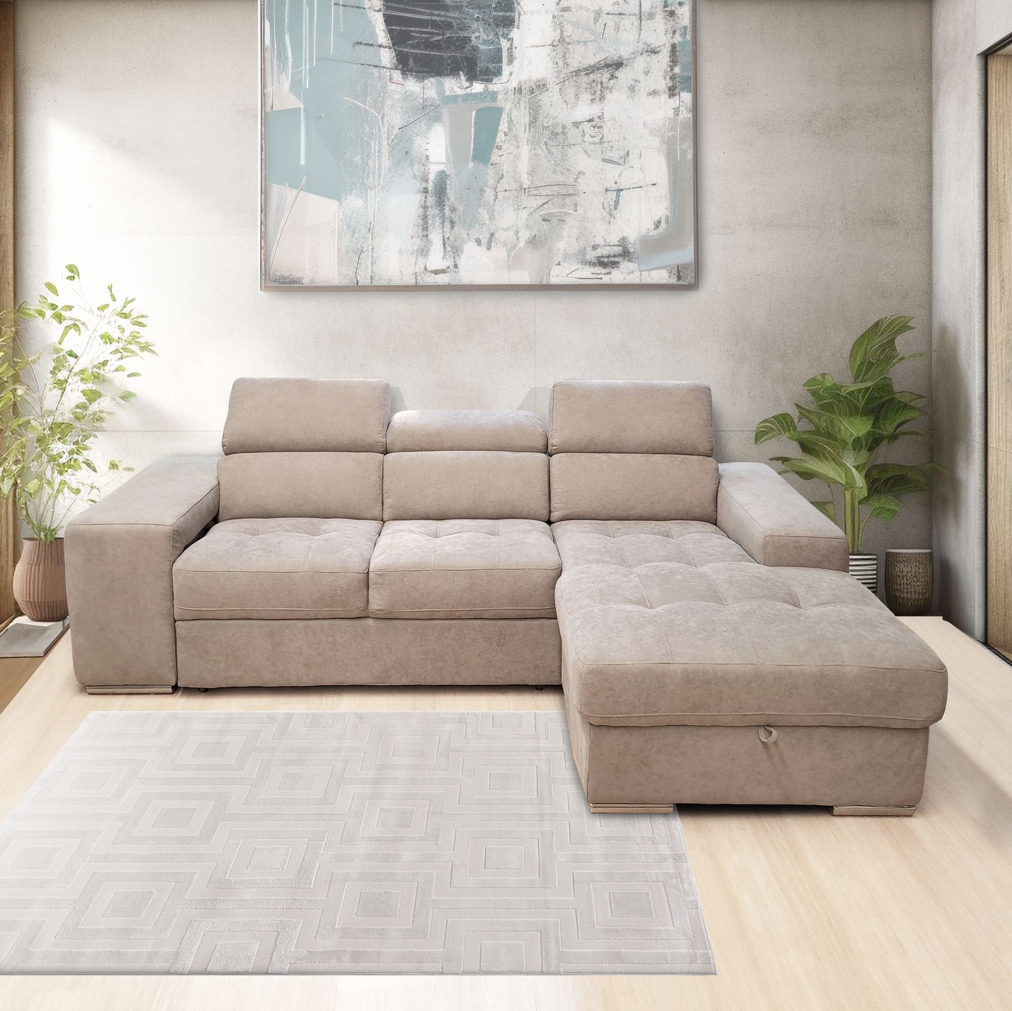 SALOTTO ANGOLARE MOD. SOFIA CON CHAISE LONGUE DX IN TESSUTO BEIGE