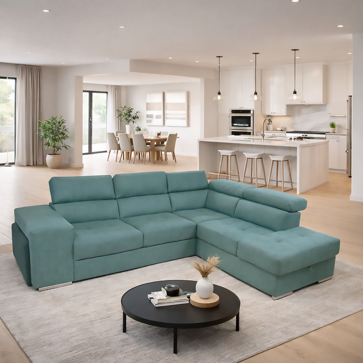 SALOTTO MOD. SOFIA CON ANGOLO CONTENITORE DX IN TESSUTO VERDE CHIARO E VERDE SCURO