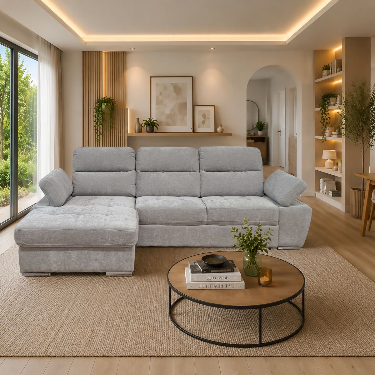 SALOTTO MOD. ARIA CHAISE LONGUE SX CON CARRELLO ESTRAIBILE IN TESSUTO GRIGIO CHIARO