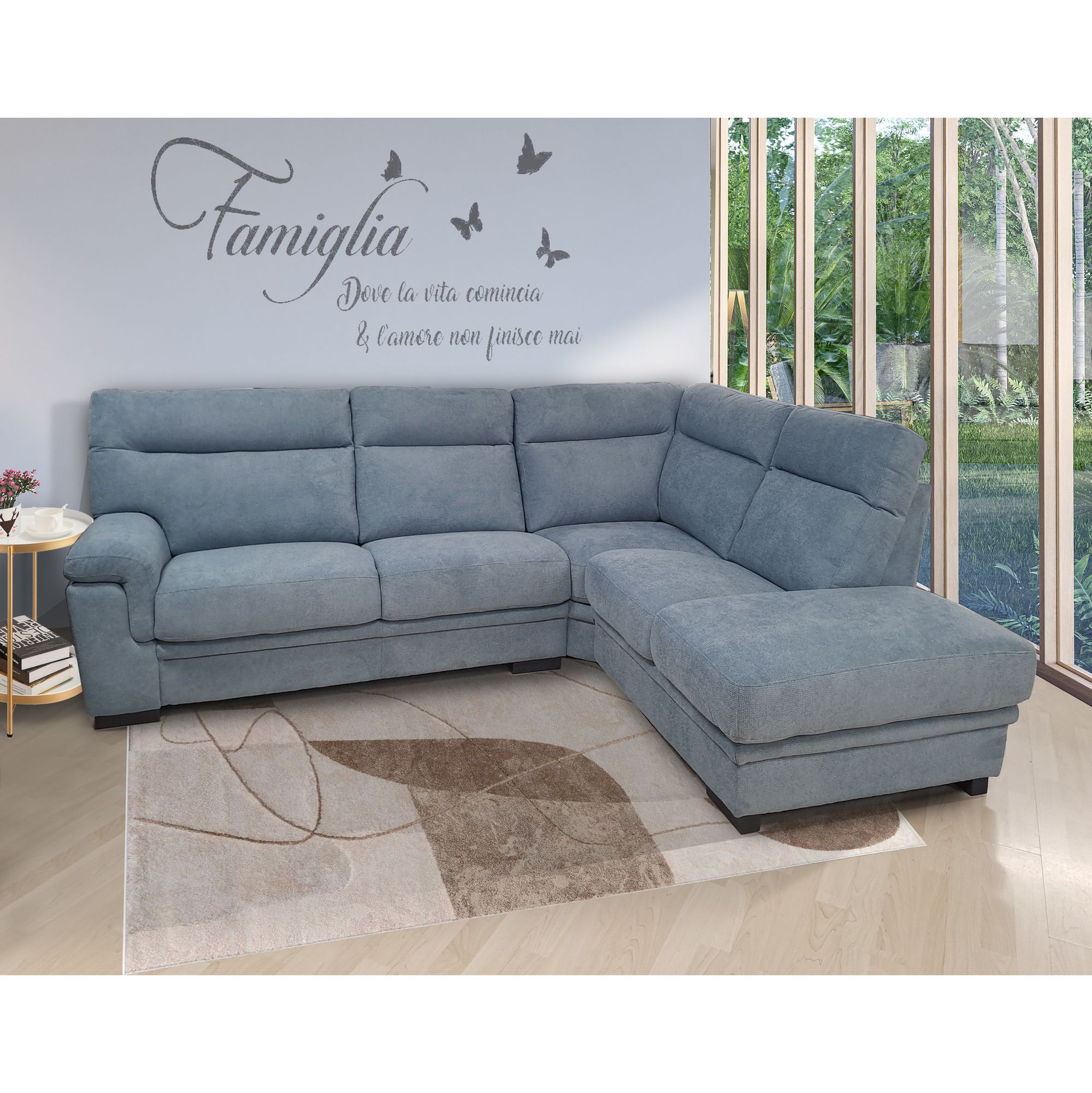 SALOTTO MOD. FLAVIA CON PENISOLA DX IN TESSUTO BLUE