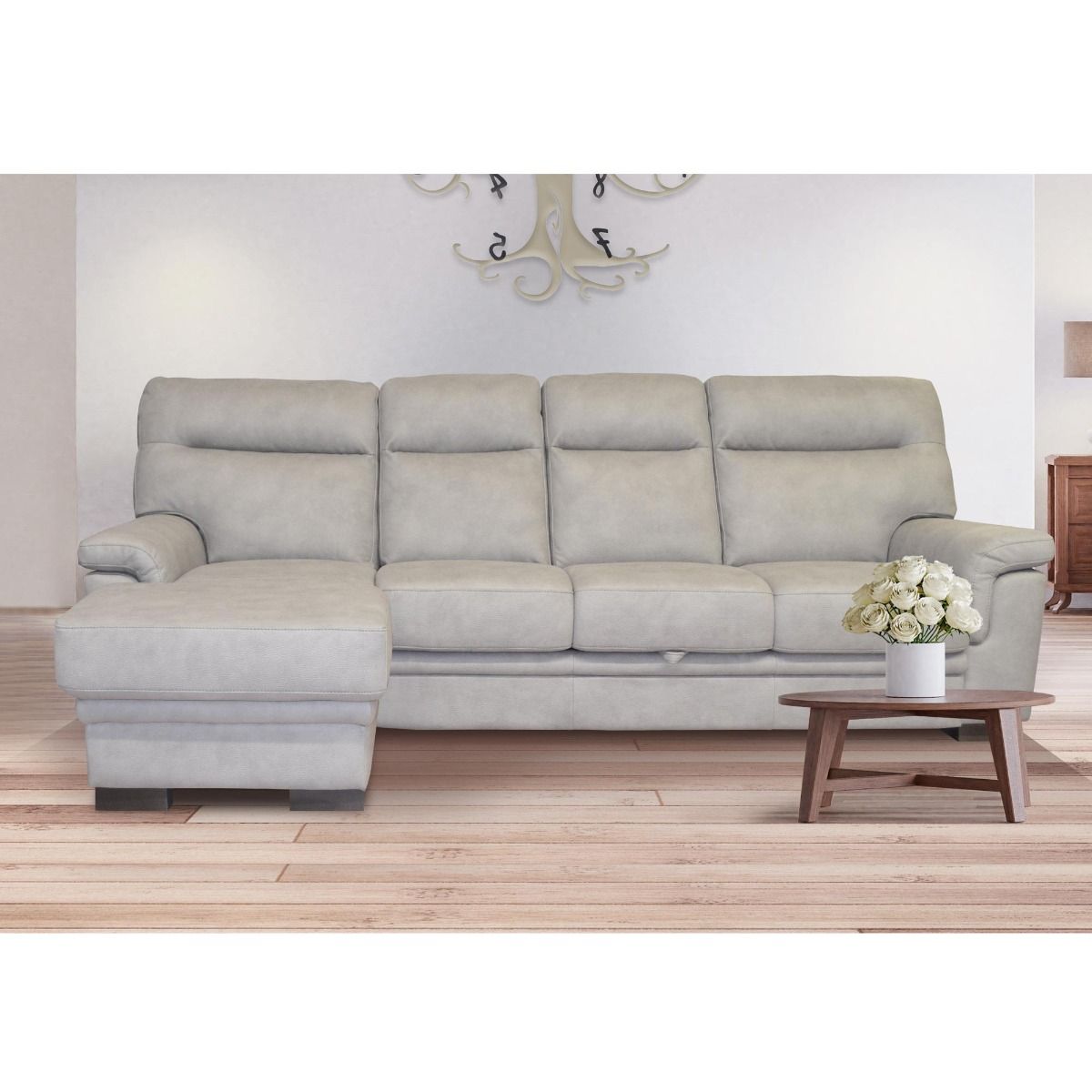 SALOTTO MOD. FLAVIA CON PENISOLA SX IN TESSUTO GRIGIO CHIARO