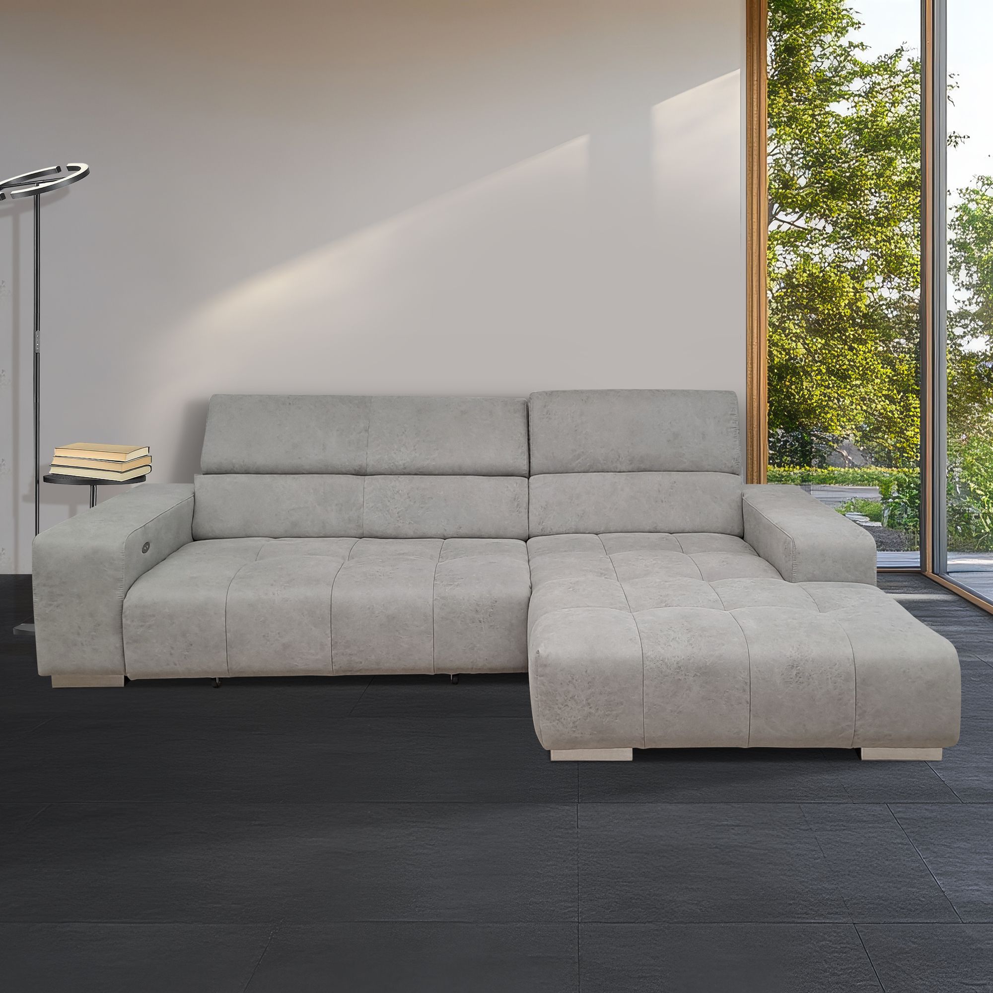 SALOTTO MOD. ORION PENISOLA DX IN TESSUTO GRIGIO CHIARO CON SEDUTA ESTRAIBILE ELETTRICA