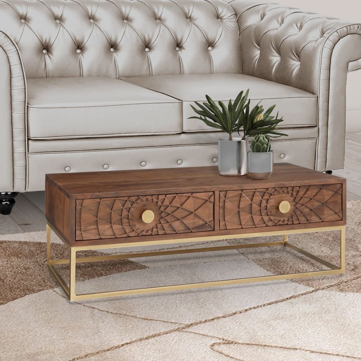 TAVOLINO MOD. SBJ-04 CM 115X55 H.40 IN LEGNO DI ACACIA E METALLO