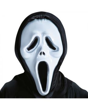 MASCHERA FANTASMA IN PLASTICA BIANCA CON CAPPUCCIO NERO