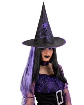 CAPPELLO STREGA NERO CON DECORI VIOLA+PARRUCCA H. 35CM