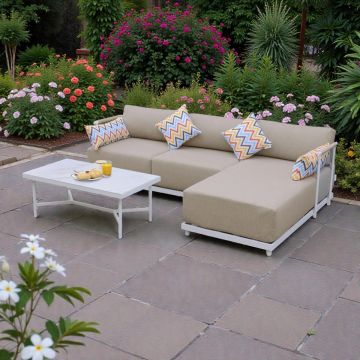 SALOTTO DA ESTERNO CON CHAISE LONGUE DX + TAVOLINO METALLO BIANCO 