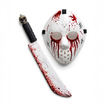 SET MASCHERA E COLTELLACCIO INSANGUINATI DA ADULTO IN PLASTICA L. 45CM