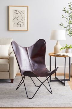 POLTRONA MOD. BUTTERFLY IN METALLO NERO E PELLE MARRONE SCURO