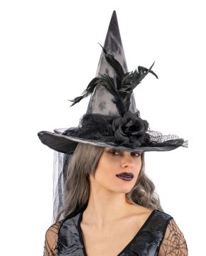 CAPPELLO STREGA IN TESSUTO H. 40CM CON FIORI/PIUME E VELO