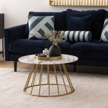 TAVOLINO MOD. RAYO CM 70X40 ORO E VETRO TEMPERATO EFFETTO MARMO BIANCO
