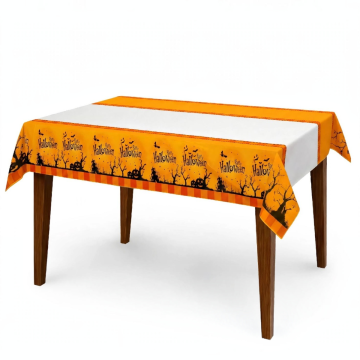 TOVAGLIA IN PLASTICA HAPPY HALLOWEEN 180X108CM ARANCIO/BIANCA CON STAMPA NERA