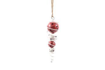 PENDENTE NATALIZIO CON SPIRALE DI SONAGLI IN METALLO BIANCO E ROSSO D. 10CM H. 38CM