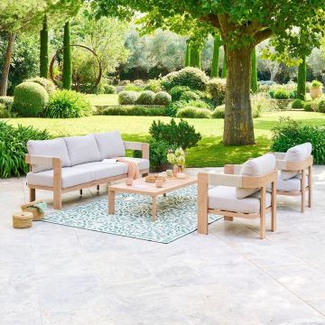 SALOTTO DA ESTERNO MOD. ORYNA IN ALLUMINIO EFFETTO LEGNO MIELE E MELANGE BEIGE