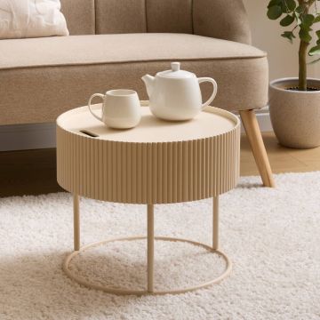 TAVOLINO CONTENITORE MOD. JUNA DIAM. CM 45 H.40.5 IN MDF E METALLO BEIGE OPACO