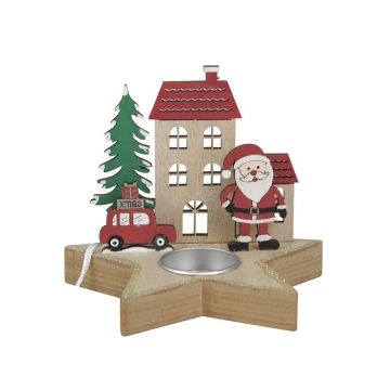 PORTA TEA LIGHT IN LEGNO CON DECORO NATALIZIO 14.5X12CM