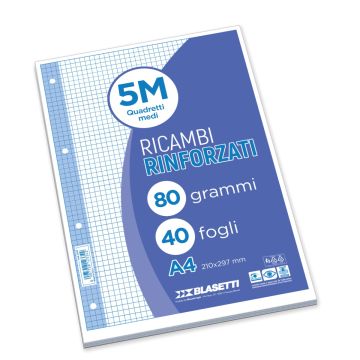 CONFEZIONE 40 FOGLI RICAMBI RINFORZATI A4 QUADRETTI
