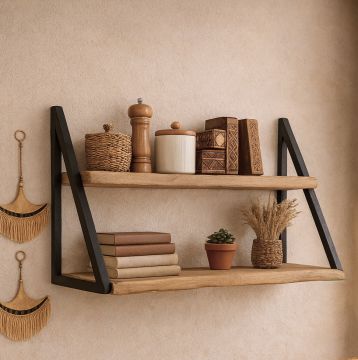MENSOLA DA MURO 2 RIPIANI CM 100X33 H.45 IN METALLO E LEGNO DI ACACIA 