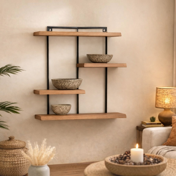 MENSOLA DA MURO 4 RIPIANI CM 70X25 H.80 IN METALLO E LEGNO DI ACACIA