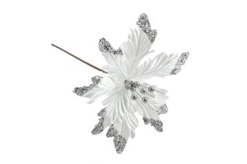 FIORE NATALIZIO BIANCO E ARGENTO DIAM. 30 CON GAMBO LUNGO