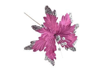 FIORE NATALIZIO FUCSIA E ARGENTO DIAM. 30 CON GAMBO LUNGO