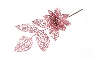 RAMO GLITTERATO CON FOGLIE E FIORE ROSA ANTICO