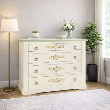 COMO' IN LEGNO MASSELLO CM 115X50 H. 90 LACCATO BIANCO CON DECORI