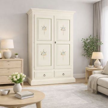 ARMADIO IN LEGNO MASSELLO LACCATO BIANCO CON DECORI CM 125X61 H. 200 