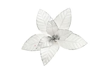 FIORE BIANCO CON BORDI ARGENTATI GLITTERATI H. 30CM
