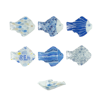 CIOTOLA FORMA PESCE IN VETRO DECORATO 11.5X9 H. 3CM ASSORTITO