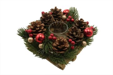PORTA CANDELA TEALIGHT CON PIGNE/AGHI/PALLINE DIAM. 14